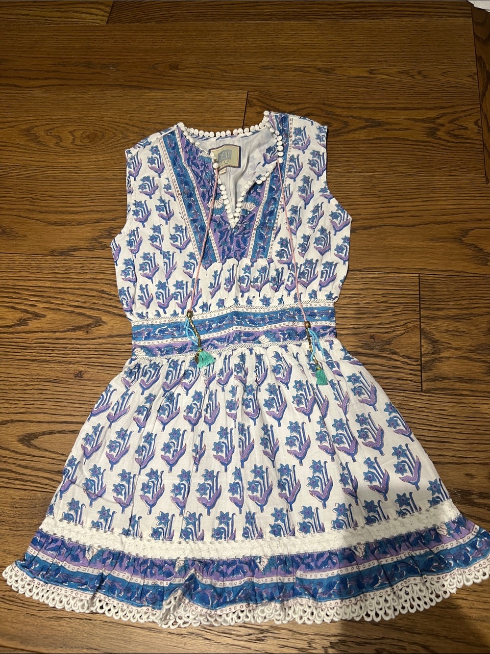 Girls' Blue & White Floral Sleeveless Casual Dress with Tassel Details